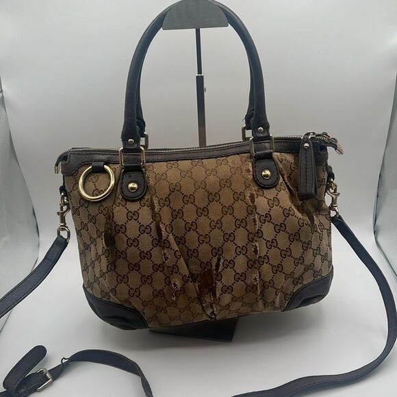 GUCCI GG CANVAS LEATHER SUKEY 2 WAY SHOULDER CROSSBODY BOSTON BAG - Picture 1 of 13